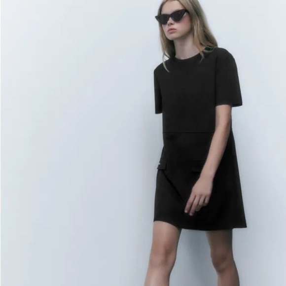 Zara Black Faux Suede Gold Button Shift Sheath Mini Dress - S - Picture 16 of 16